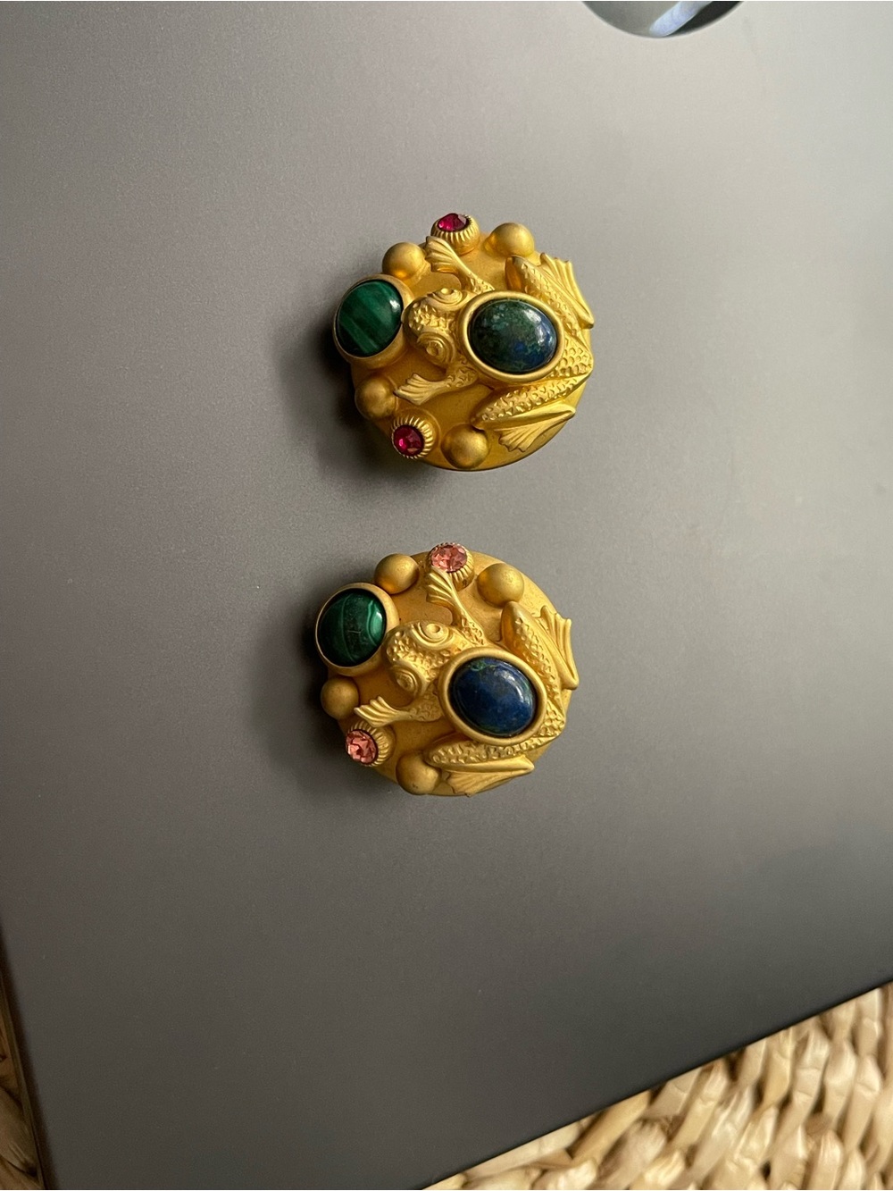 Natasha Stambouli Gold-Tone Frog Motif Drop Earrings with Green and Blue Stones - Picture 3 of 3